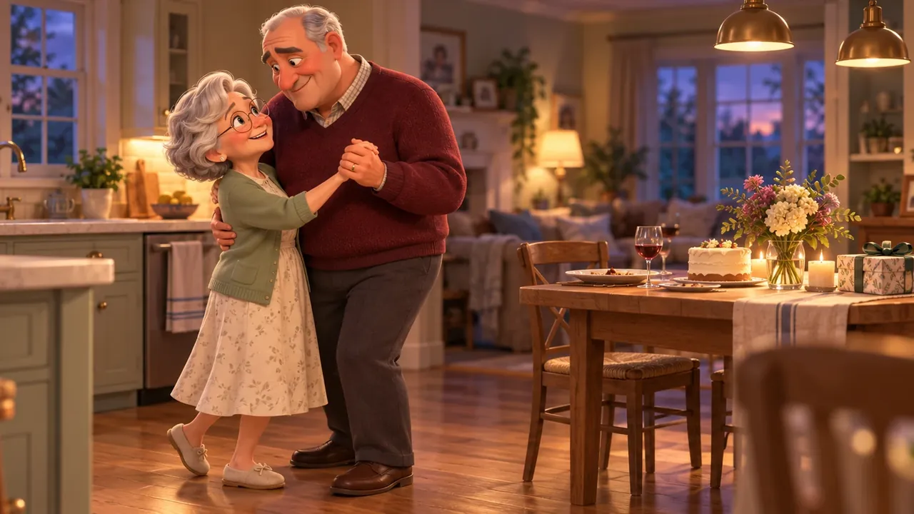 An older couple dancing in their kitchen