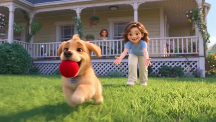 Fetching a red ball on the lawn