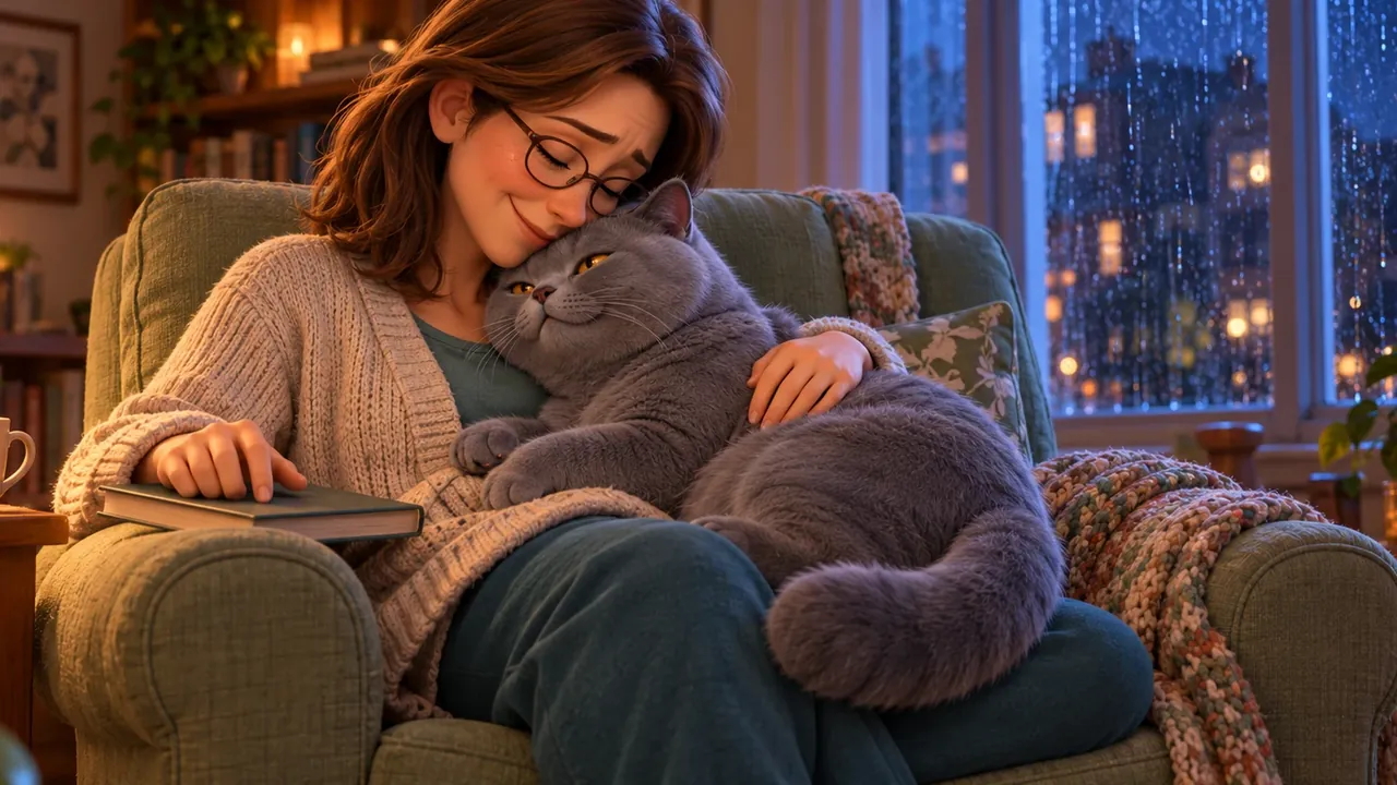 Cat memorial video still: a woman hugging her grey cat on a rainy night