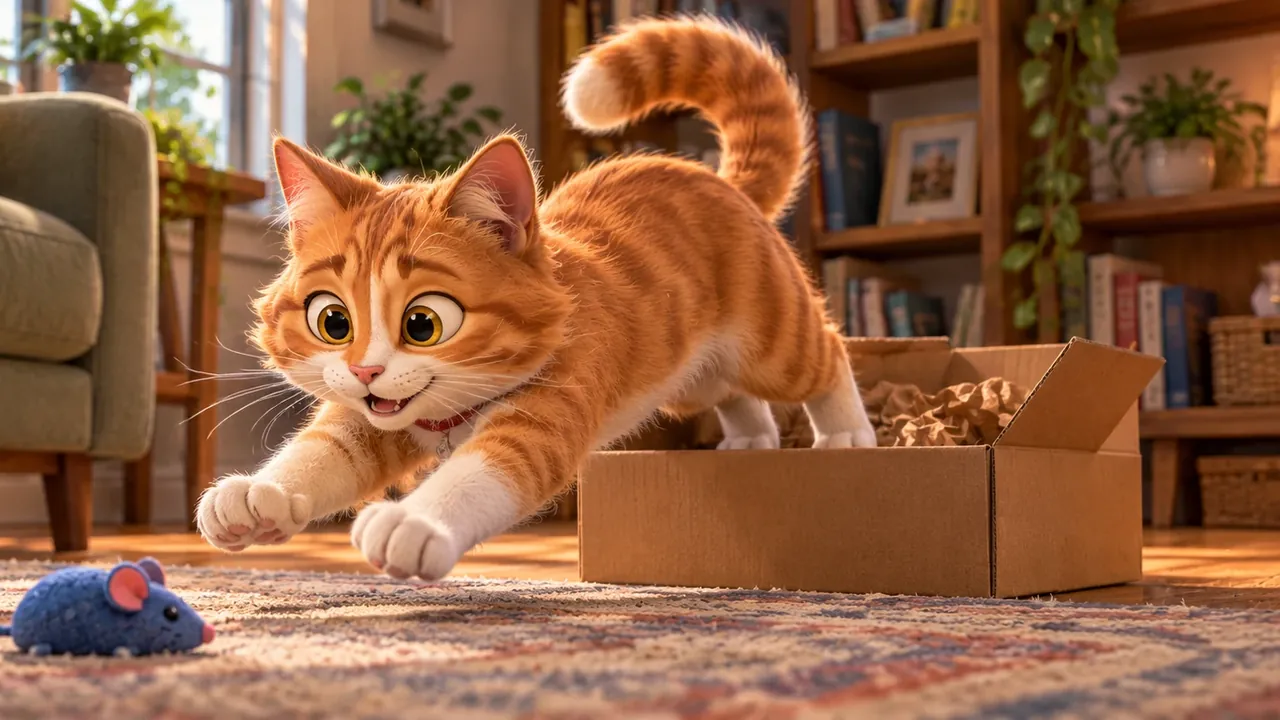 An orange tabby cat pouncing on a toy mouse