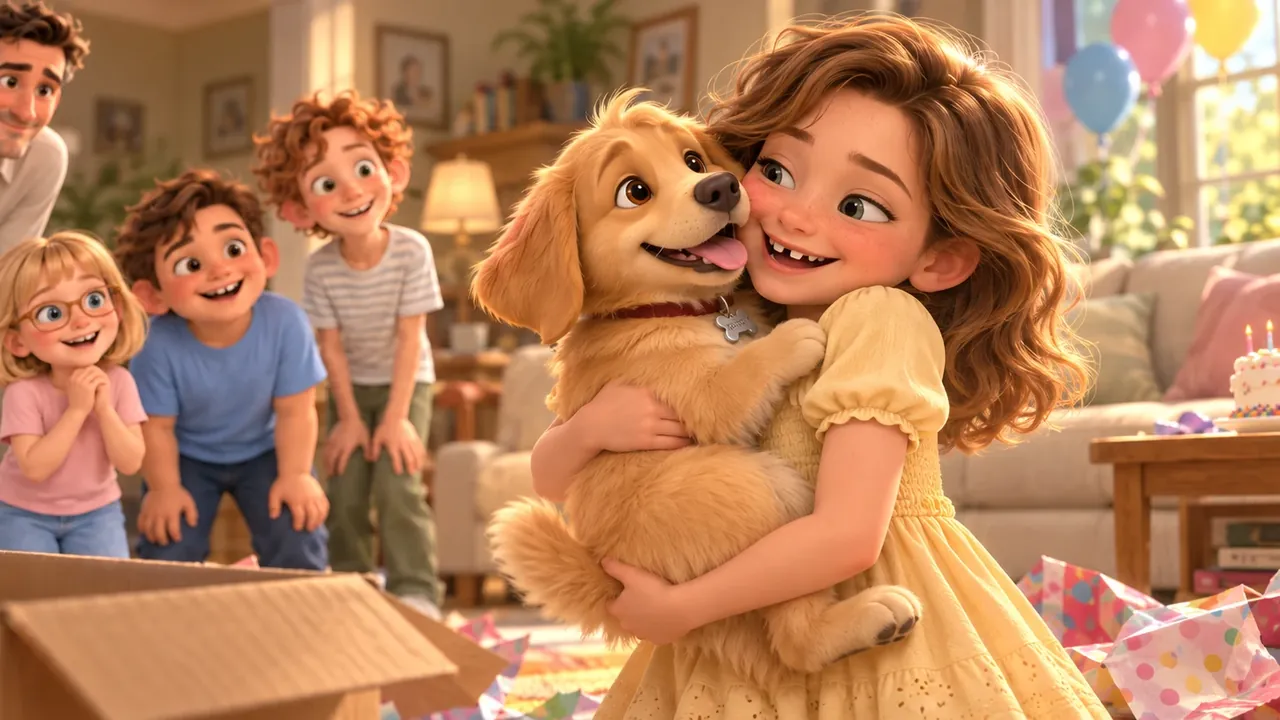 A girl hugging her new puppy on her birthday